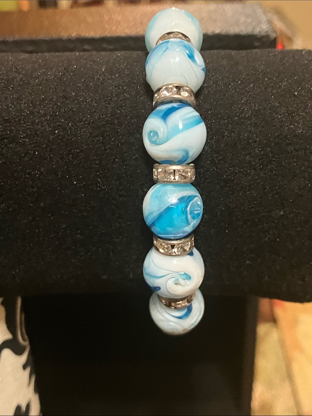 Blue Swirl Glass Bead Stretch Bracelet with Silver Accents
